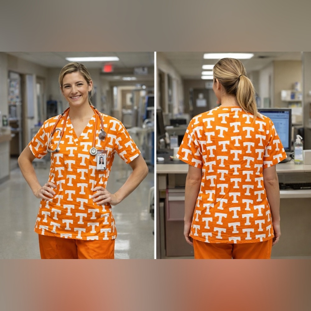 Cotton Orange University Of Tennessee Volunteers V-Neck Medical Scrubs Size M